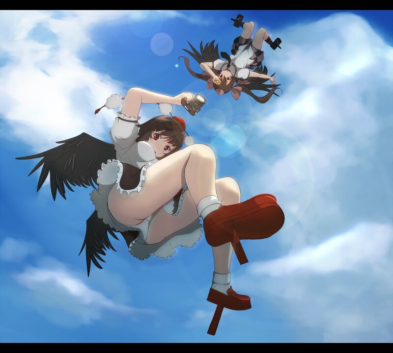 Two girls falling through the sky