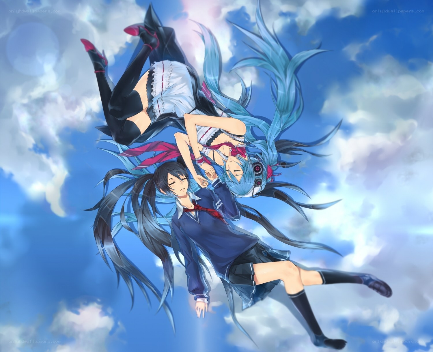 Two girls falling through the sky