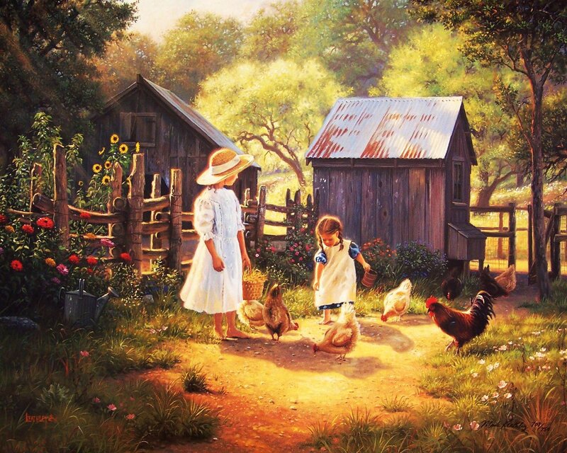 Two Girls Feeding Chickens — Green