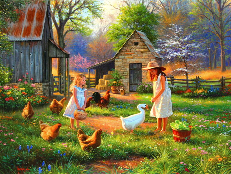 Two Girls Feeding Chickens