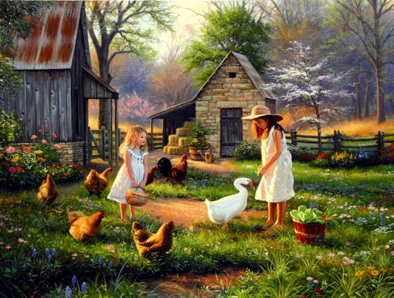 Two Girls Feeding Farm Animals — Green