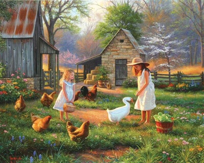 Two Girls Feeding Farm Animals