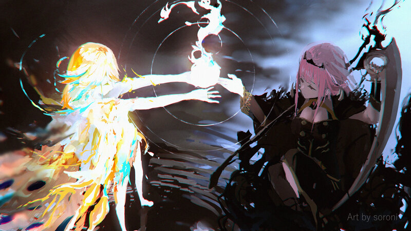 Two Girls Fighting — Black, Dramatic, Night, Digital Art