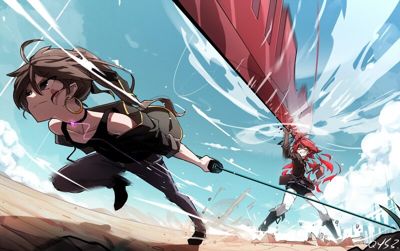 Two Girls Fighting — Blue, Dramatic, Afternoon, Anime