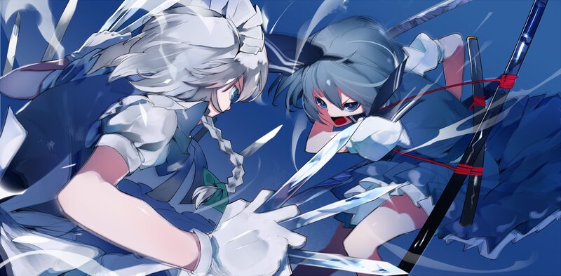 Two Girls Fighting — Blue, Dramatic, Anime, Swords, Blades