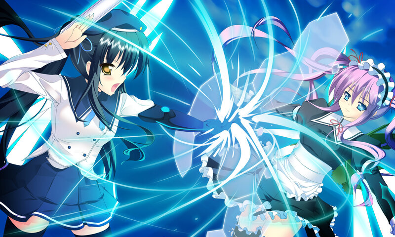 Two Girls Fighting — Blue, Dramatic, Anime, Swords