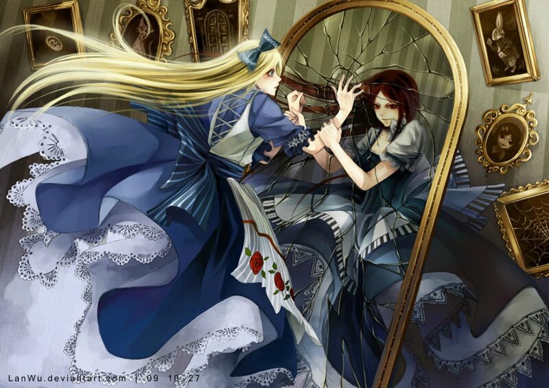 Two Girls Fighting — Blue, Dramatic, Digital Art, Mirror
