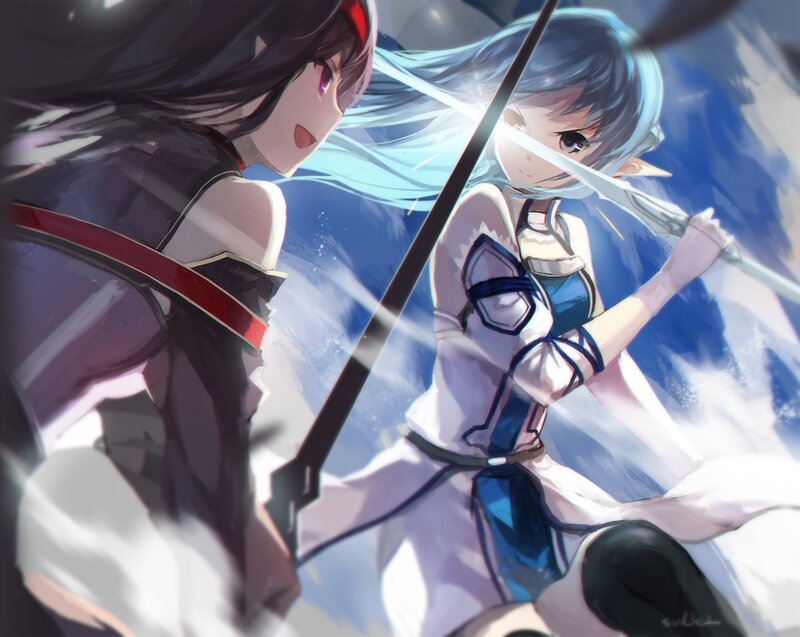 Two Girls Fighting — Blue, Dramatic, Digital Art, Swords