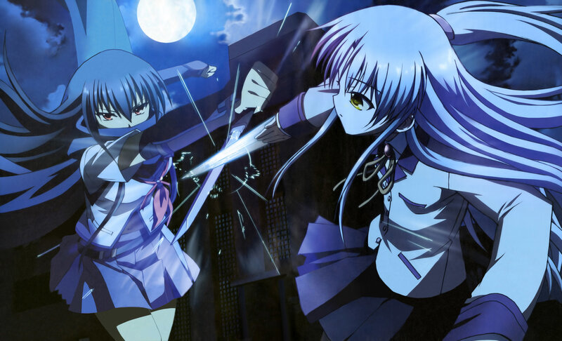 Two Girls Fighting — Blue, Dramatic, Night, Anime, Swords, Moon