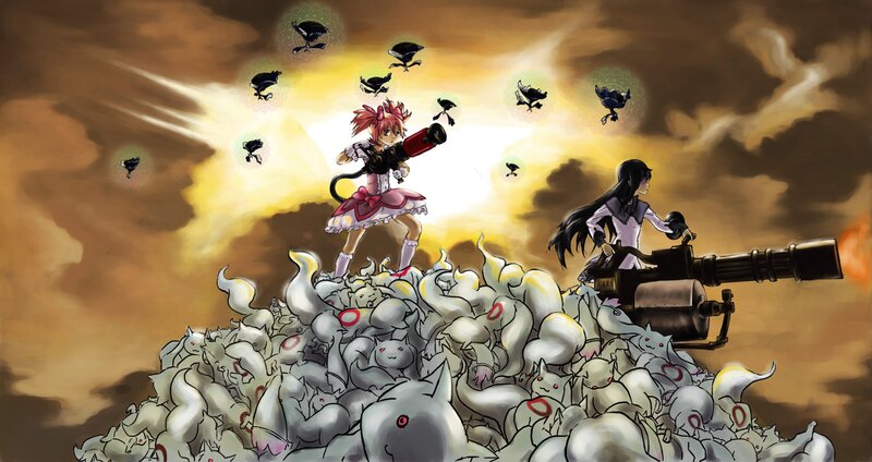 Two girls fighting on a pile of creatures