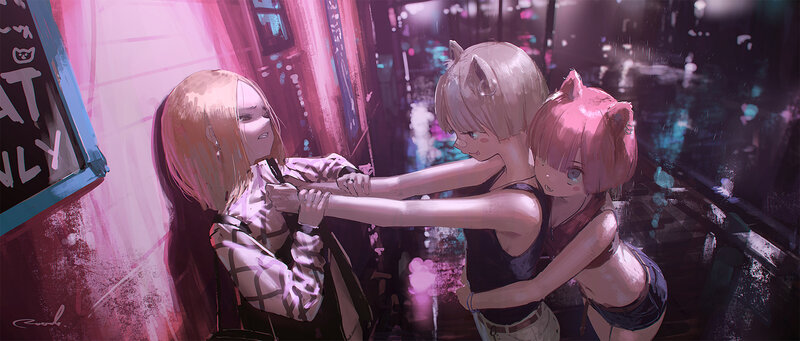 Two Girls Fighting — Pink, Dramatic, Night, Digital Art