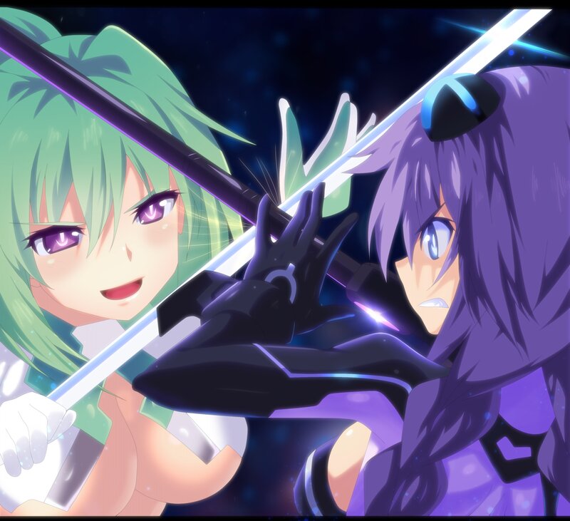 Two Girls Fighting — Purple, Dramatic, Night, Digital Art, Swords