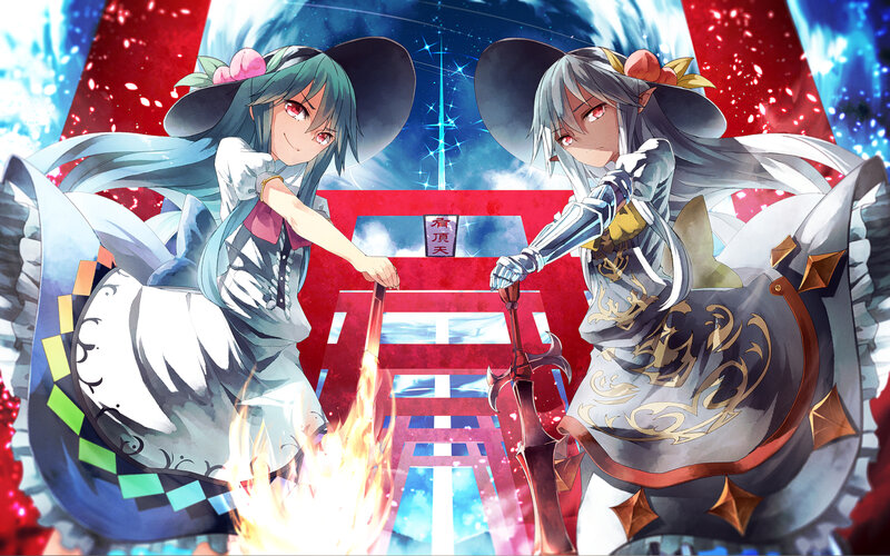 Two Girls Fighting — Red, Dramatic, Anime, Swords, Fire
