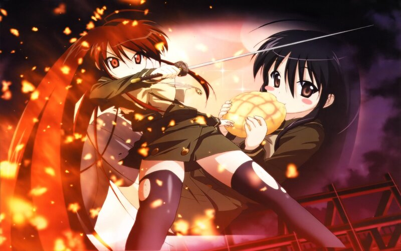 Two Girls Fighting — Red, Dramatic, Night, Anime, Sword, Pineapple