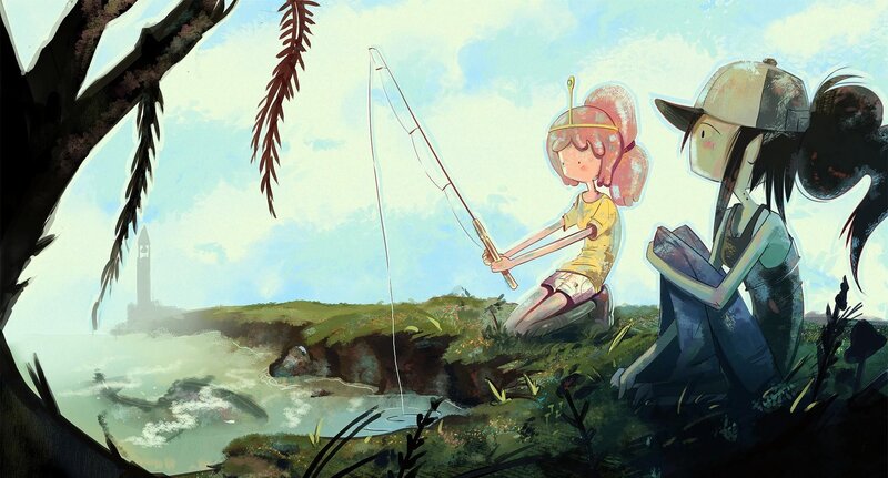 Two Girls Fishing — Green