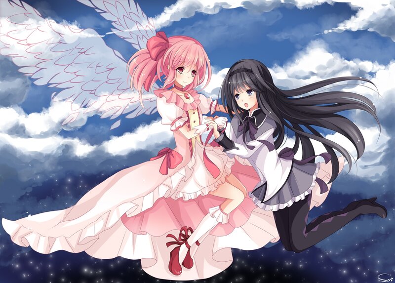 Two Girls Flying in Sky — Blue, Dreamy