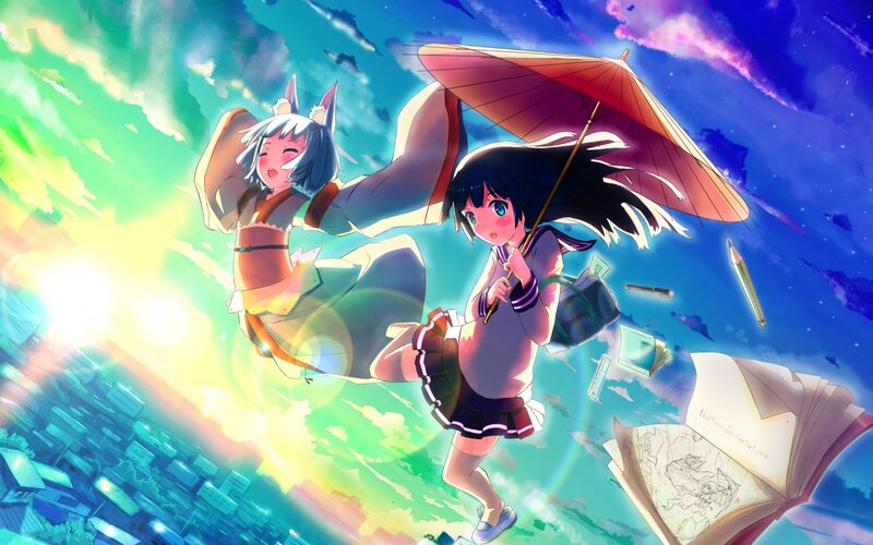 Two Girls Flying in Sky — Blue, Dynamic, Sunset