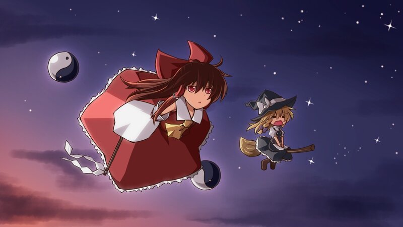 two girls flying in the night sky