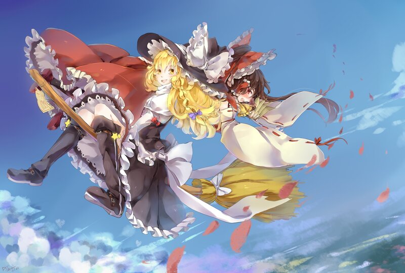 Two Girls Flying on Broomsticks