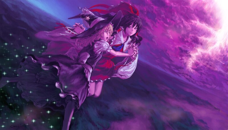 Two girls flying through a purple sky