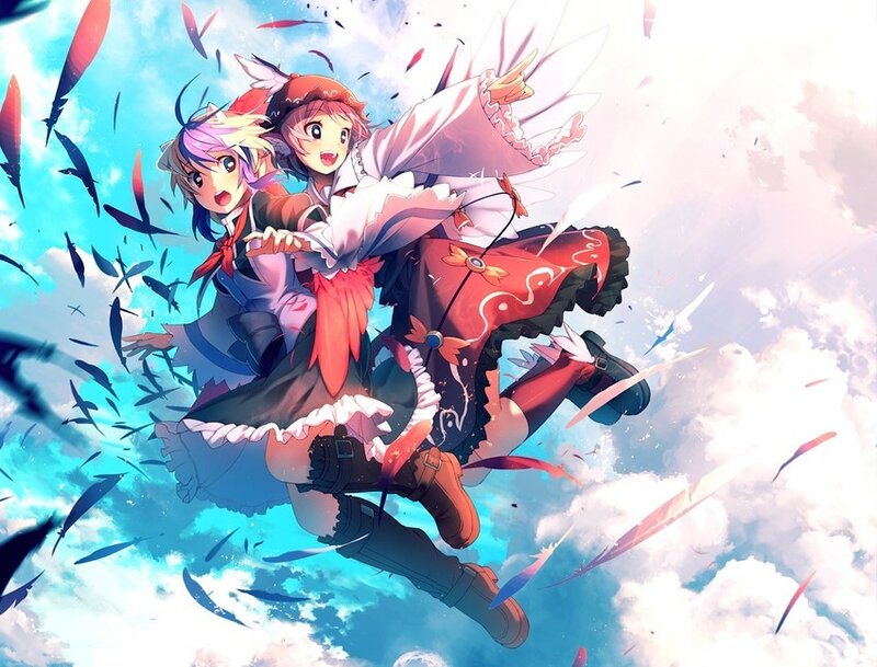 Two girls flying through the sky
