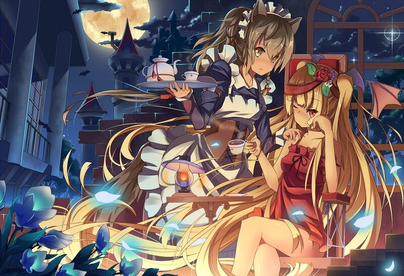 Two girls having tea at night