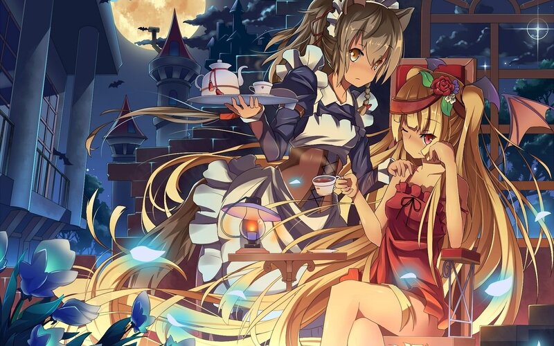 Two Girls Having Tea — Blue, Dramatic