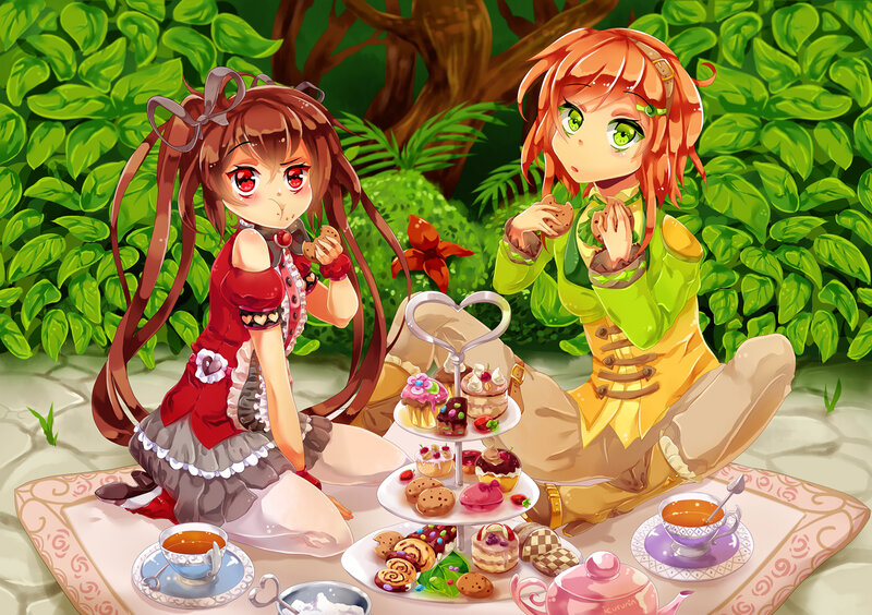 Two Girls Having Tea — Green, Peaceful