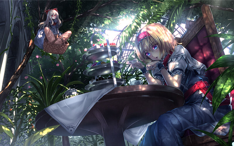 Two Girls Having Tea — Green, Serene, Afternoon