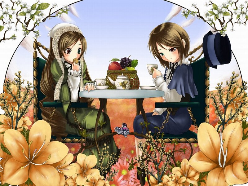 Two Girls Having Tea — Green, Serene, Spring, Anime