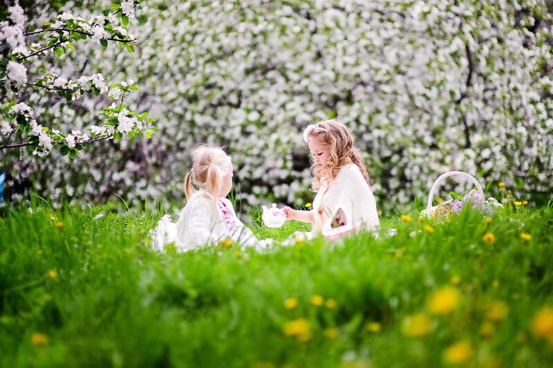 Two Girls Having Tea — Green, Serene, Spring