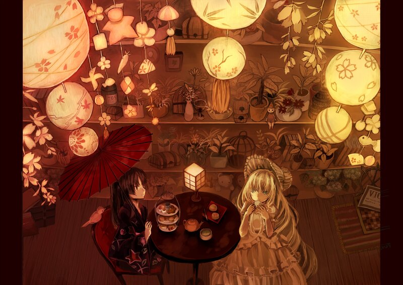 Two girls having tea in a cozy shop