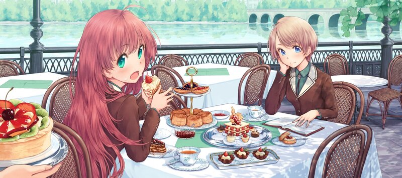 Two girls having tea outdoors