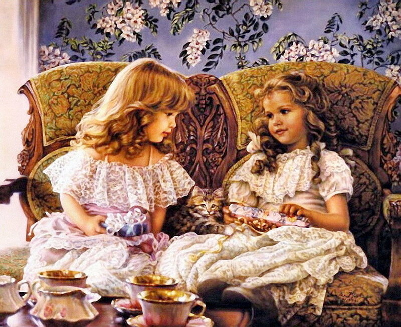 Two girls having tea party