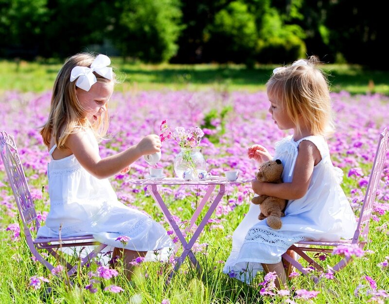 Two Girls Having Tea — Purple, Peaceful