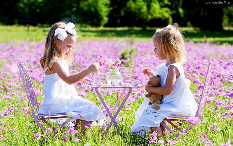 Two Girls Having Tea — Purple, Serene, Afternoon
