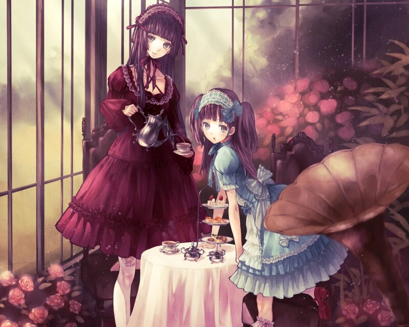 Two Girls Having Tea — Purple, Serene
