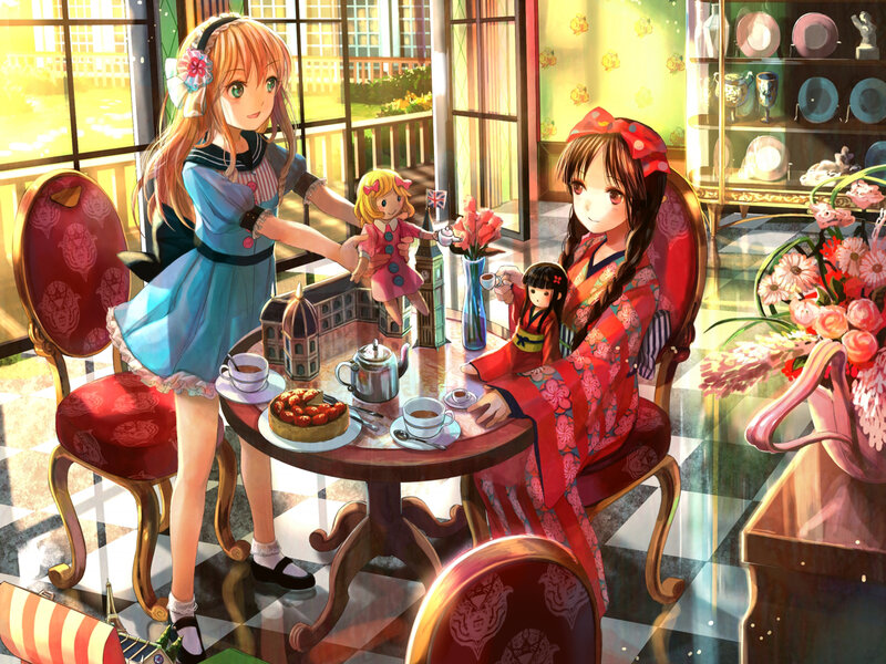 Two Girls Having Tea — Red, Peaceful, Afternoon