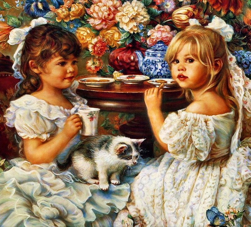 Two Girls Having Tea — White, Serene, Painting