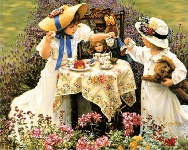 Two Girls Having Tea — White, Serene