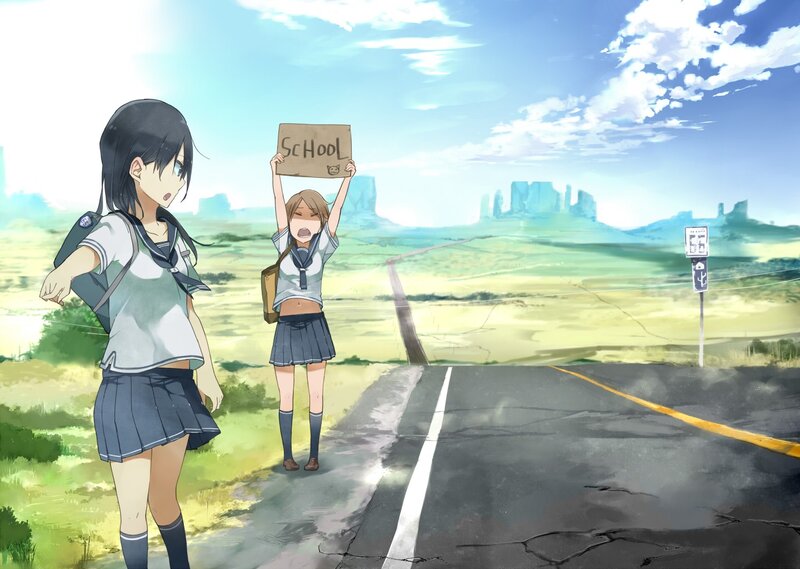 Two girls hitchhiking on a road
