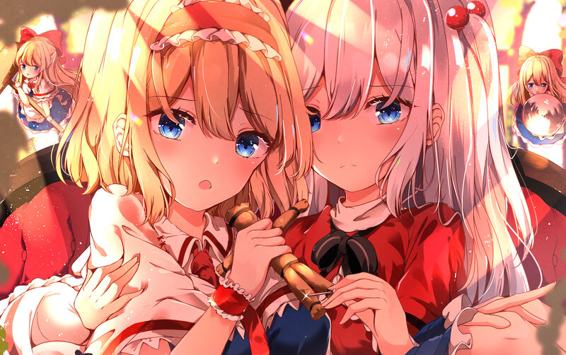 Two Girls Holding Dolls — Red
