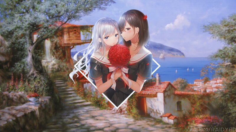 Two Girls Holding Flowers — Blue, Serene