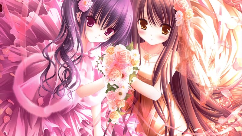Two Girls Holding Flowers — Pink, Romantic, Anime, Dresses