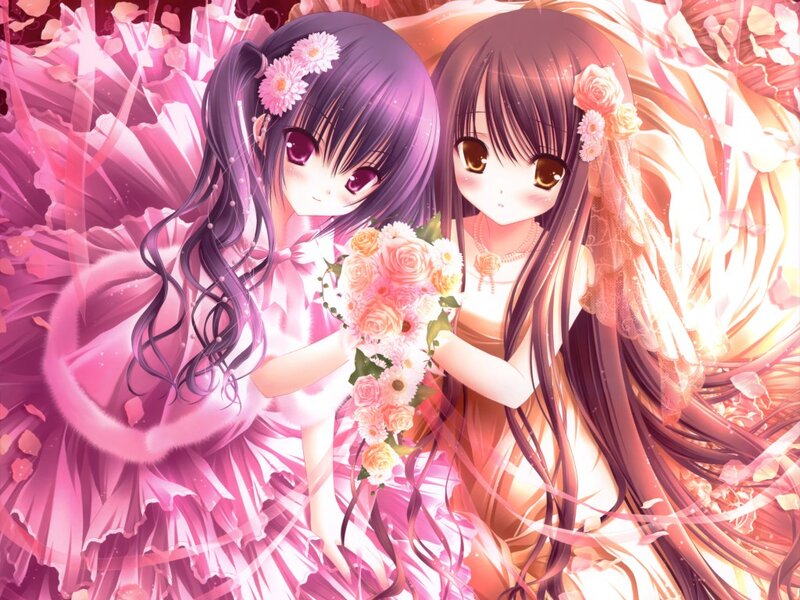 Two Girls Holding Flowers — Pink, Romantic
