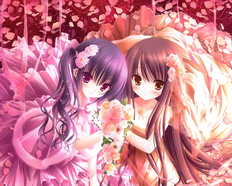Two Girls Holding Flowers — Pink