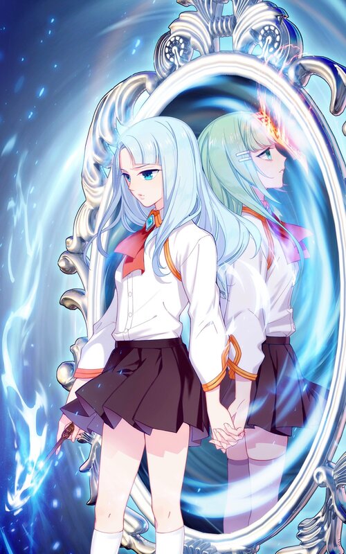Two Girls Holding Hands — Blue, Dramatic, Anime, Mirror