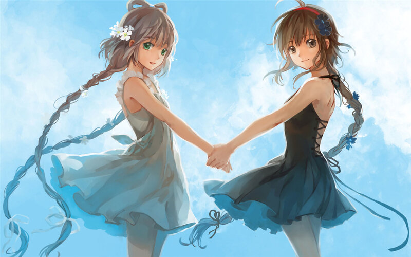 Two Girls Holding Hands — Blue, Serene, Afternoon, Anime, Dresses