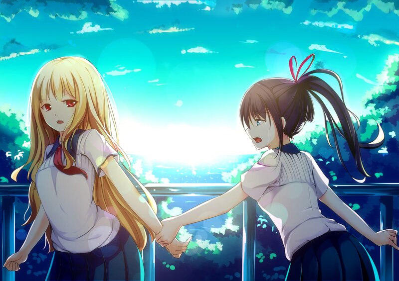 Two Girls Holding Hands — Blue, Serene, Afternoon, Anime, School Uniforms