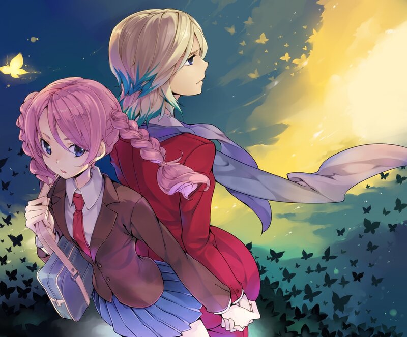 Two Girls Holding Hands — Blue, Serene, Night, Anime, Butterflies